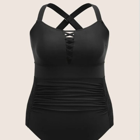 BloomChic Plus Size Solid Gathered Crisscross One-Pice Bathing Suits - Picture 5 of 6